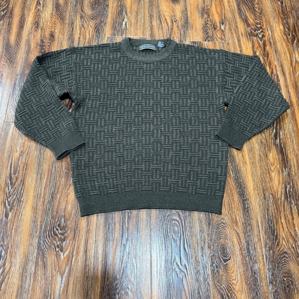 David Taylor L Sweater Mens Dark Green Basket Weave Textured Crewneck Grandpa